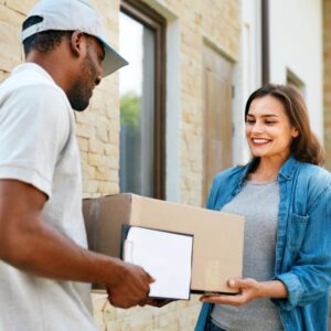 Man dropping off package to woman