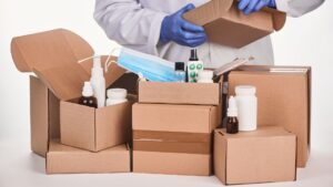 Medical items being prepared for shipping.