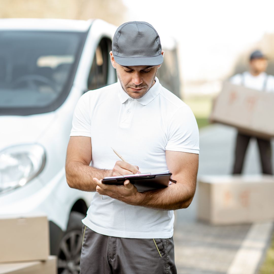 A courier writing something on a clipboard
