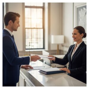 A professional stock image of documents being delivered to a law firm.
