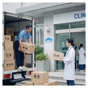A professional stock image of medical supplies being delivered to a clinic.
