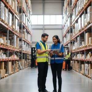 Two logistics workers in warehouse