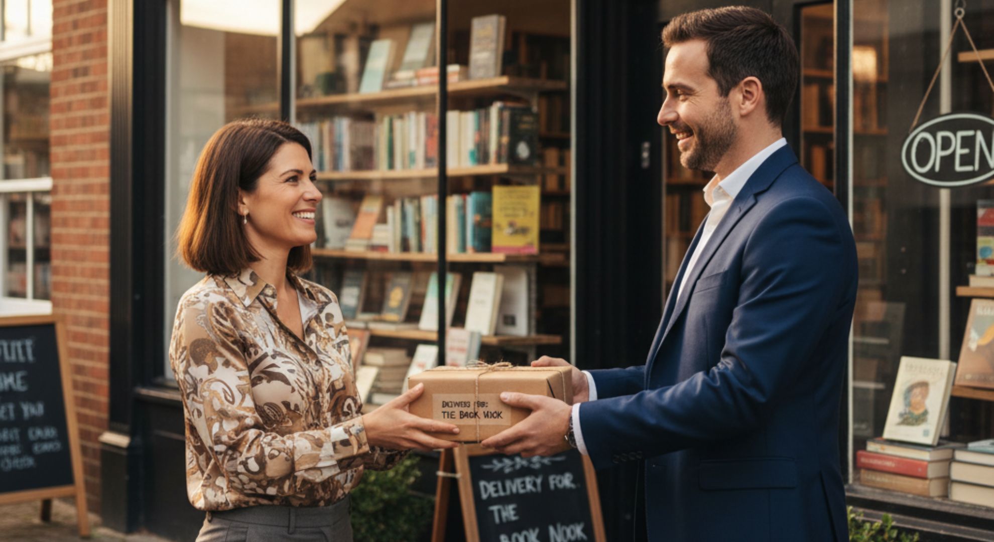 Business owner being handed a package