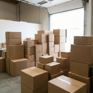 A stockroom filled with many stacked cardboard boxes of various sizes