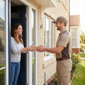A courier driver handing a package to a smiling customer