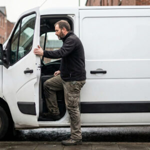 courier driver climbing into his delivery van
