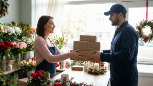 small business owner in a flower shop handing packages to a professional courier driver
