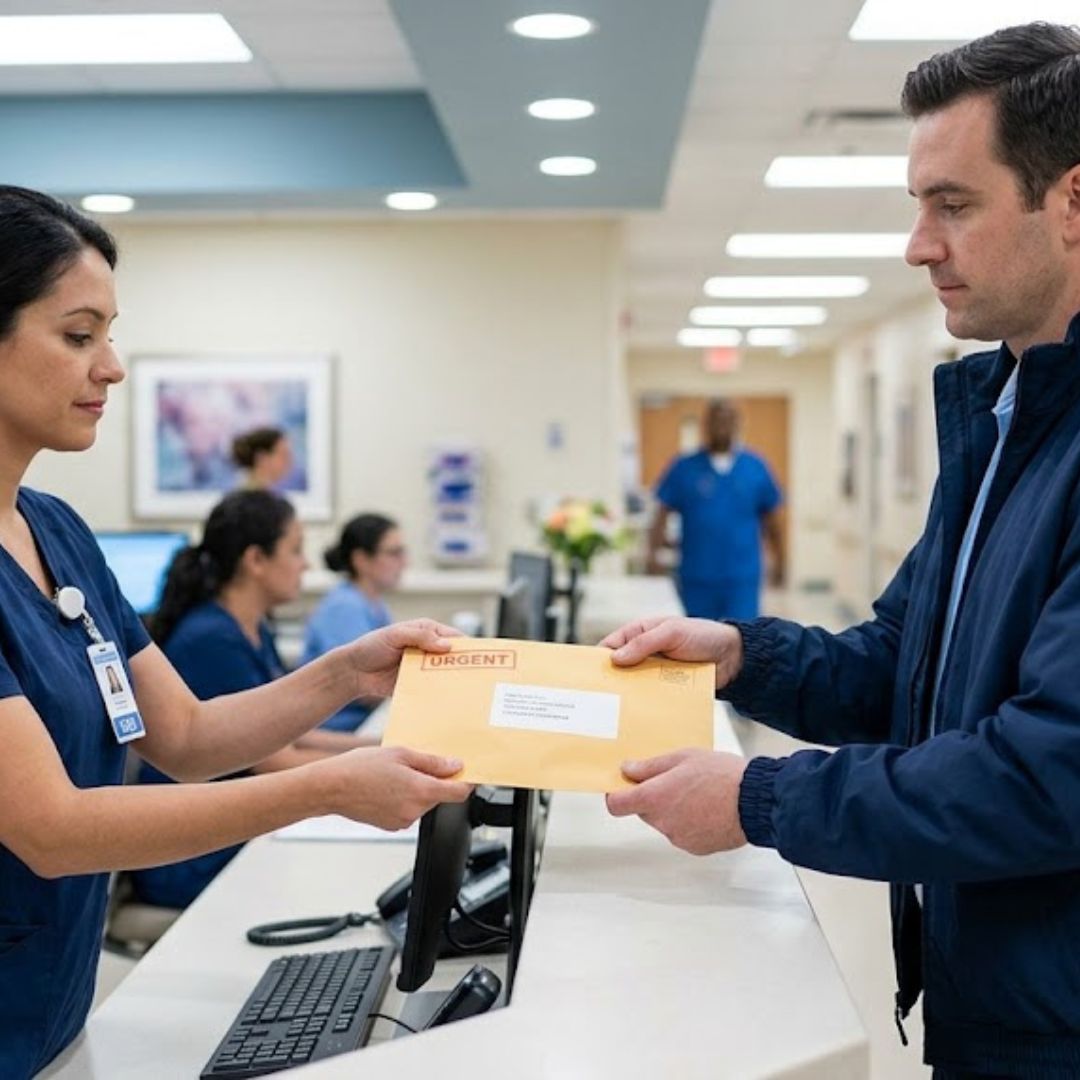 man handing female medical provider medical documents