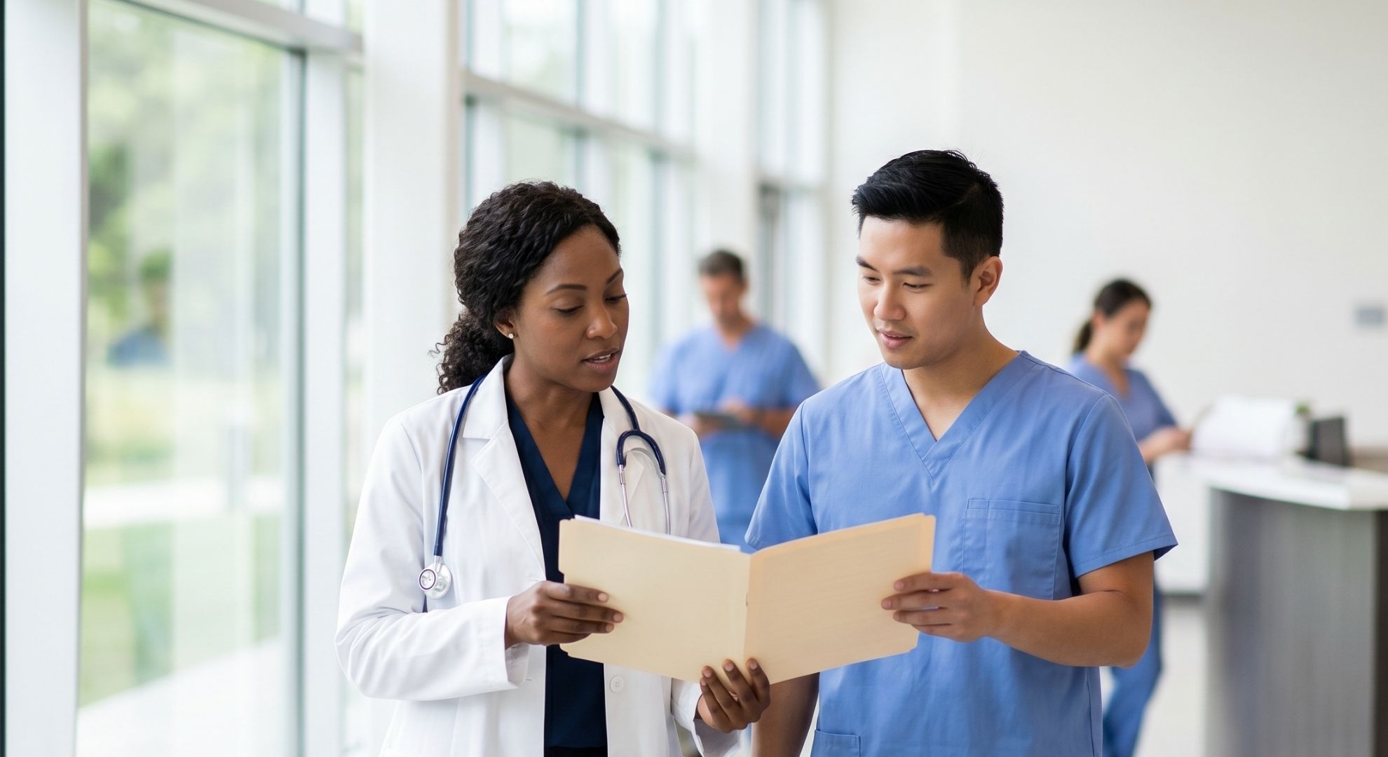 a doctor and nurse looking at medical documents