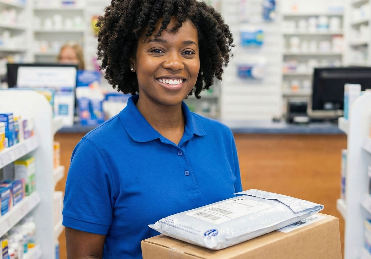 Black woman, package and pharmacy in portrait with delivery or medical items for stock. Employee, parcel and face with cardboard box or healthcare product with smile for job, shipping or logistics
